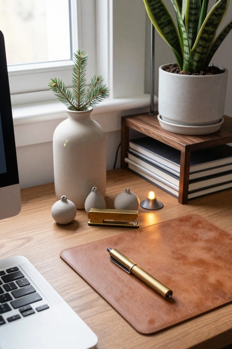Wooden desk with white MacBook laptop, brown leather desk mat, gold pen and stapler, small matte gray ceramic balls and pear shapes, tiny potted fir branch by window, white vase, snake plant on shelf, and stacked books.