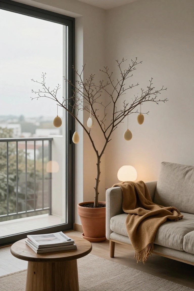 A potted bare branch tree decorated with hanging beige and white egg-shaped ornaments stands in a minimalist living room corner next to a large window, beige sofa with orange throw blanket, globe lamp, and stack of magazines on a round wooden coffee table.