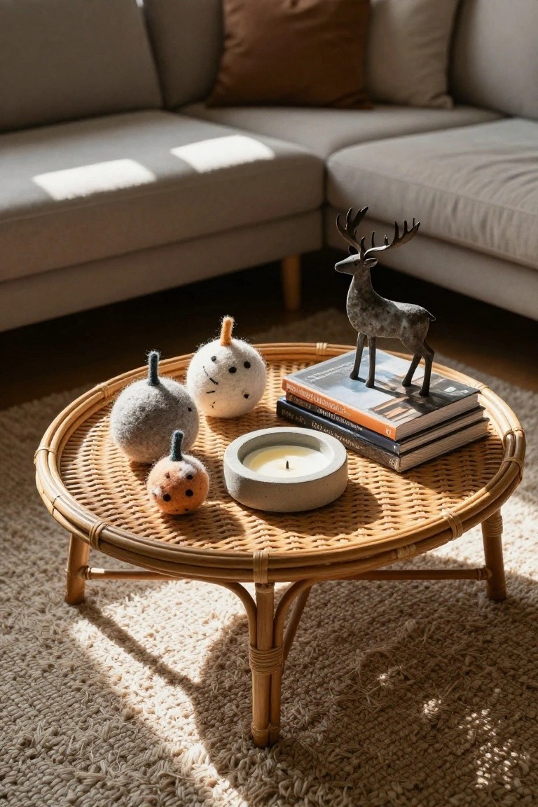 Rattan coffee table on a rug in a sunlit living room with small felt pumpkins in gray, white, and orange, a concrete candle holder with lit candle, stacked books, and a metal deer statue, beige sofa in background.