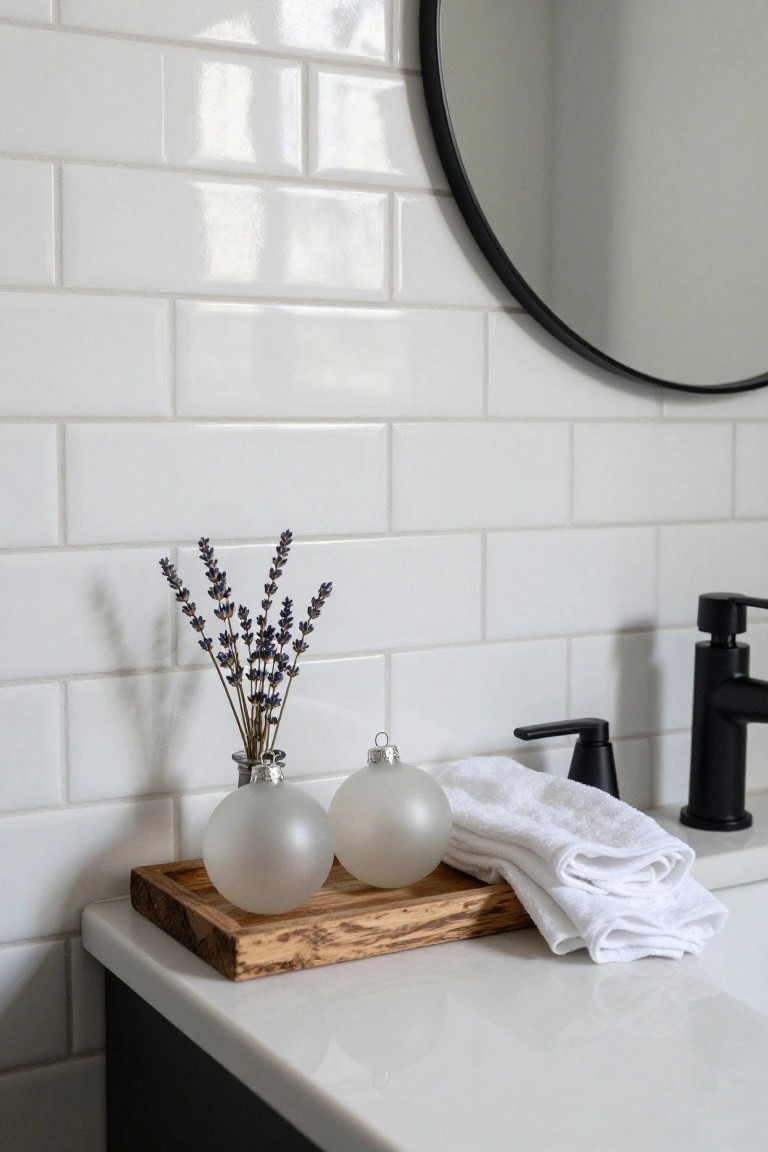 Bathroom vanity countertop with white subway tile backsplash, black faucet, round black mirror, wooden tray holding two frosted glass Christmas ornaments and dried lavender in a small vase, plus folded white towels.