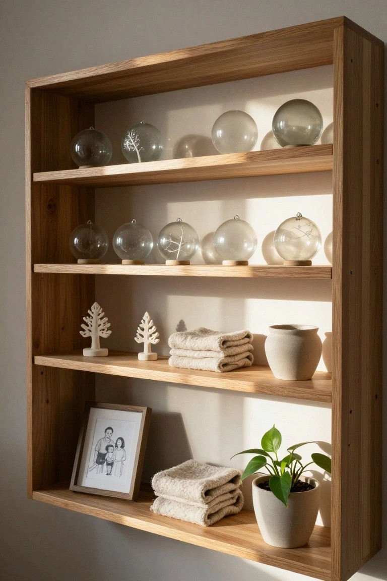 Wooden open shelving unit on a wall holding clear glass spheres some containing branches, white tree sculptures, folded white towels, a small ceramic pot, a family photo frame in a wood frame, and a potted green plant.