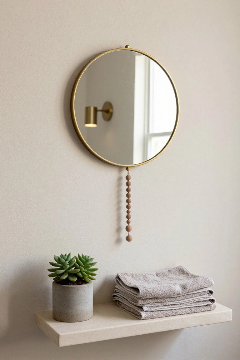 Round brass-framed mirror with wooden bead tassel hanging from its hook on a light beige wall, above a floating white shelf holding a potted succulent and stacked gray towels, with a brass wall sconce nearby.