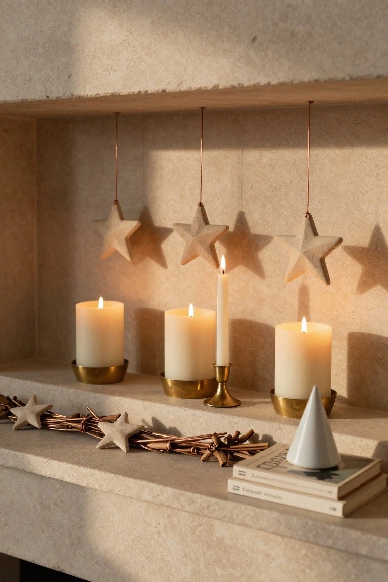 Beige stone wall niche with four suspended white clay star ornaments on thin wires, three lit white pillar candles in brass holders, a single taper candle, star garland with cinnamon sticks and stacked books on the lower shelf.