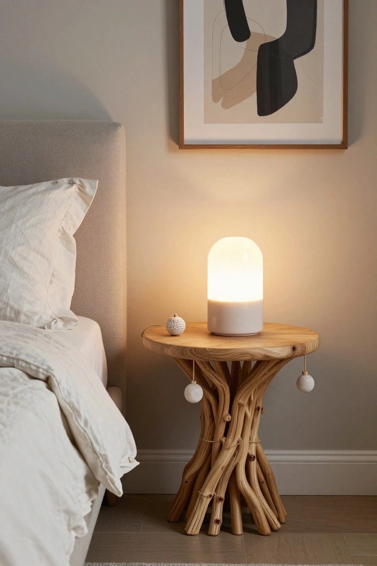 Bedroom corner showing a gray upholstered bed with white linens, a round driftwood nightstand with a white lamp, a small ornament on top, and two white ornaments hanging from strings on the table legs, next to beige walls and an abstract framed print.