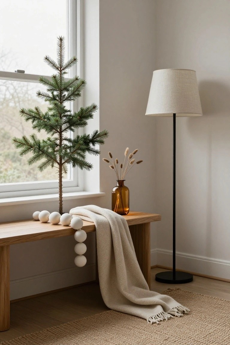 A cozy corner featuring a small tree, a lamp, a wooden bench, and decorative elements.