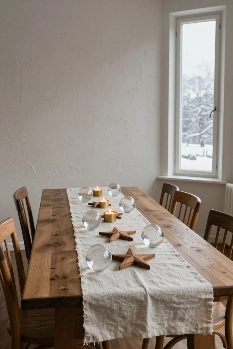 Wooden dining table with beige linen runner centered, decorated by wooden star ornaments, clear glass spheres, and gold candles in glass holders, surrounded by wooden chairs in a light room with window showing snowy trees outside.
