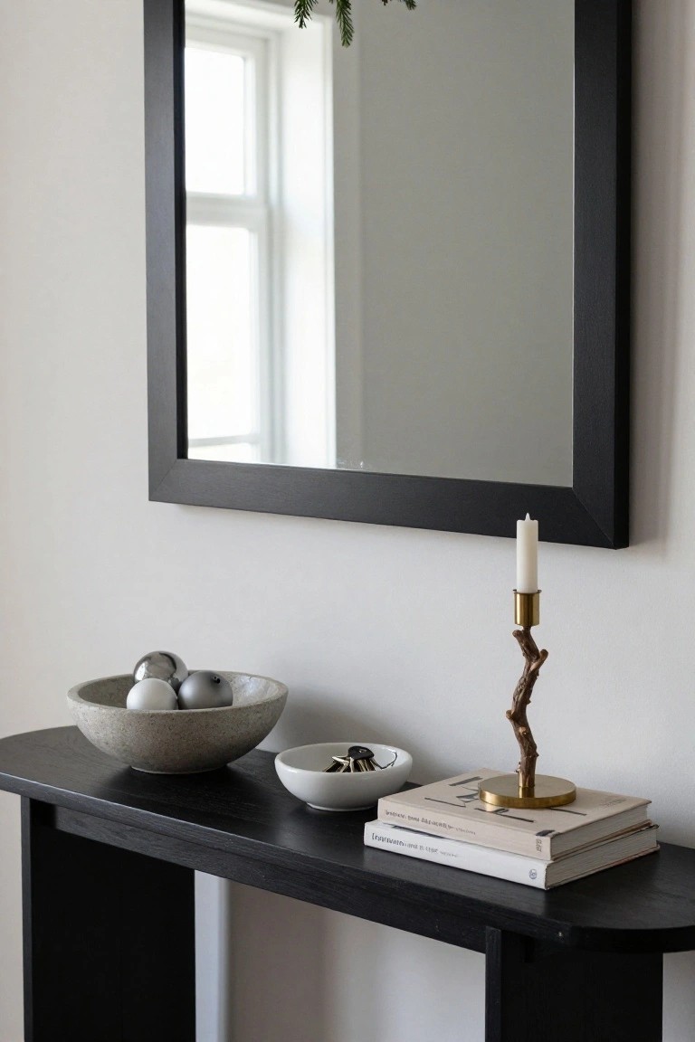 Black wood console table with curved edges holding a gray stone bowl filled with metallic Christmas baubles, a small white dish with keys, stacked beige books, and a brass candleholder with white candle, beside a large black-framed mirror on a white wall near a window with greenery.
