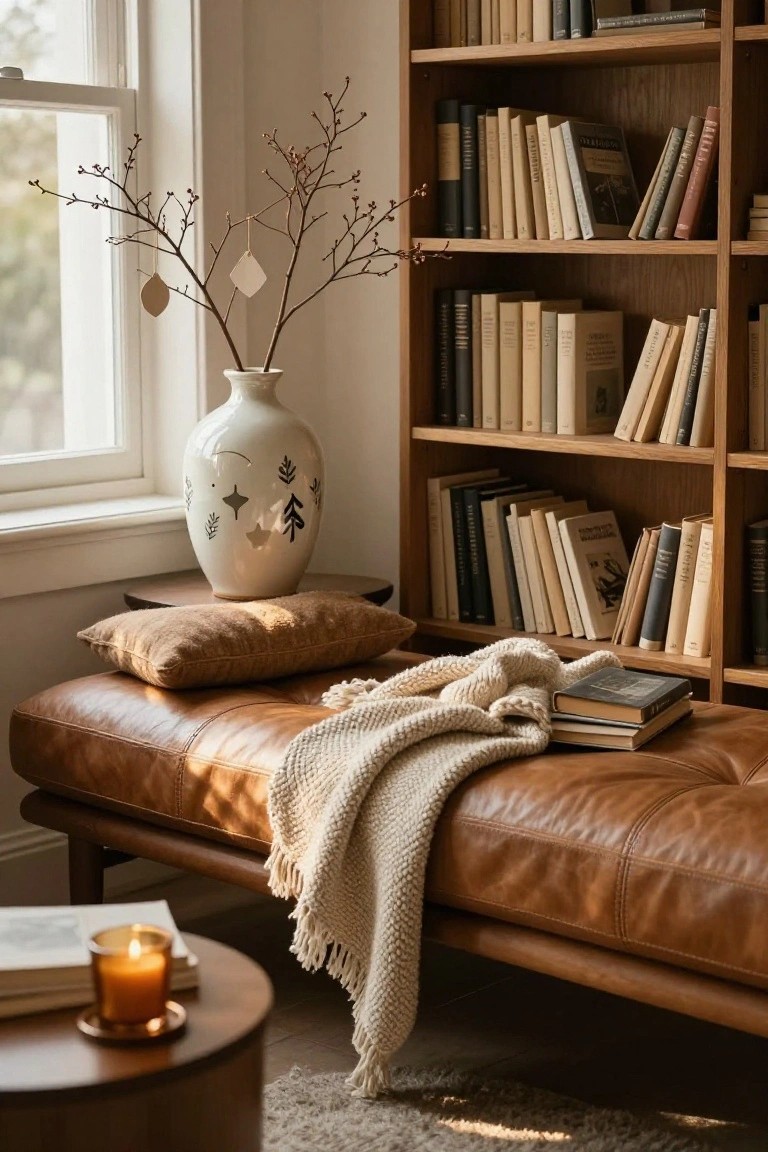 White ceramic vase holding bare branches with hanging paper ornaments next to wooden bookshelves, a tan leather bench with knit throw and books, and a lit candle on a round wooden table in a light-filled room.