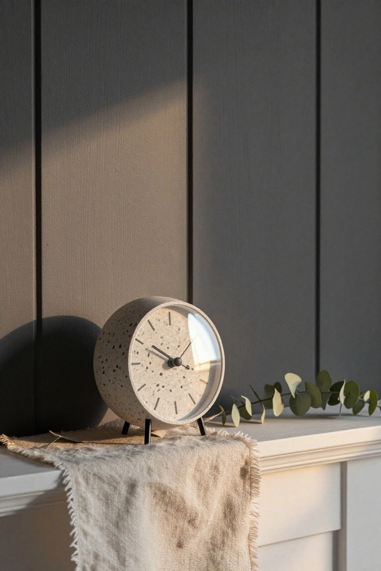 Beige speckled ceramic clock on thin black legs sits on a white shelf with frayed beige linen cloth, eucalyptus leaves, against dark vertical wood-paneled wall.