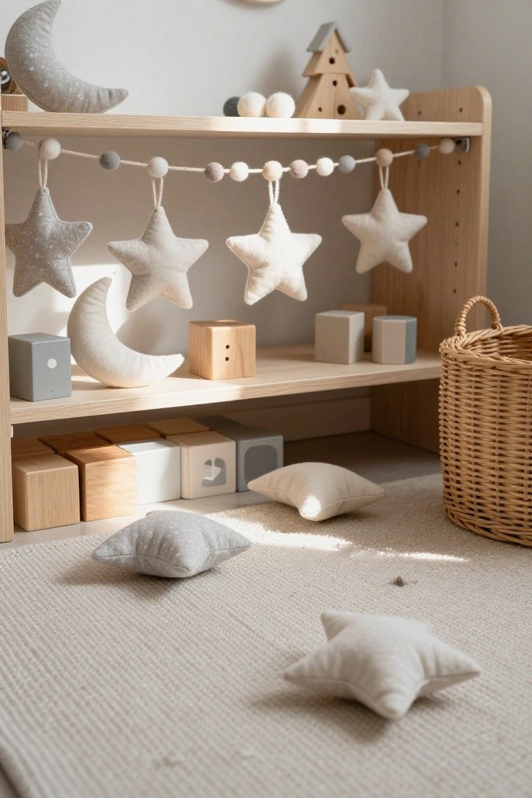 Wooden nursery shelf with hanging neutral plush stars and moons, wooden blocks, a small tree ornament, and fabric stars on the floor beside a woven basket.