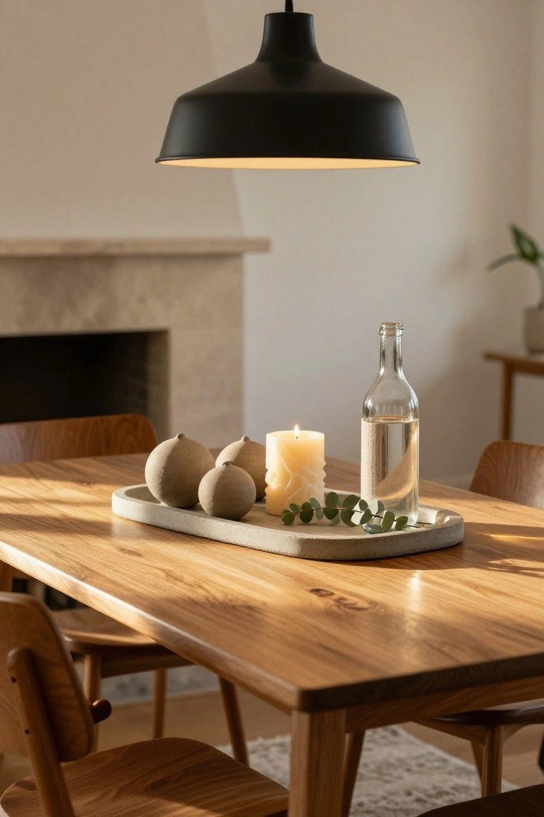 Wooden dining table holding a rectangular concrete tray with three beige textured stone spheres, a lit beige candle wrapped in wax, green eucalyptus leaves, and a clear glass bottle filled with water, in a bright room with wooden chairs, a black pendant lamp overhead, and a stone fireplace in the background.