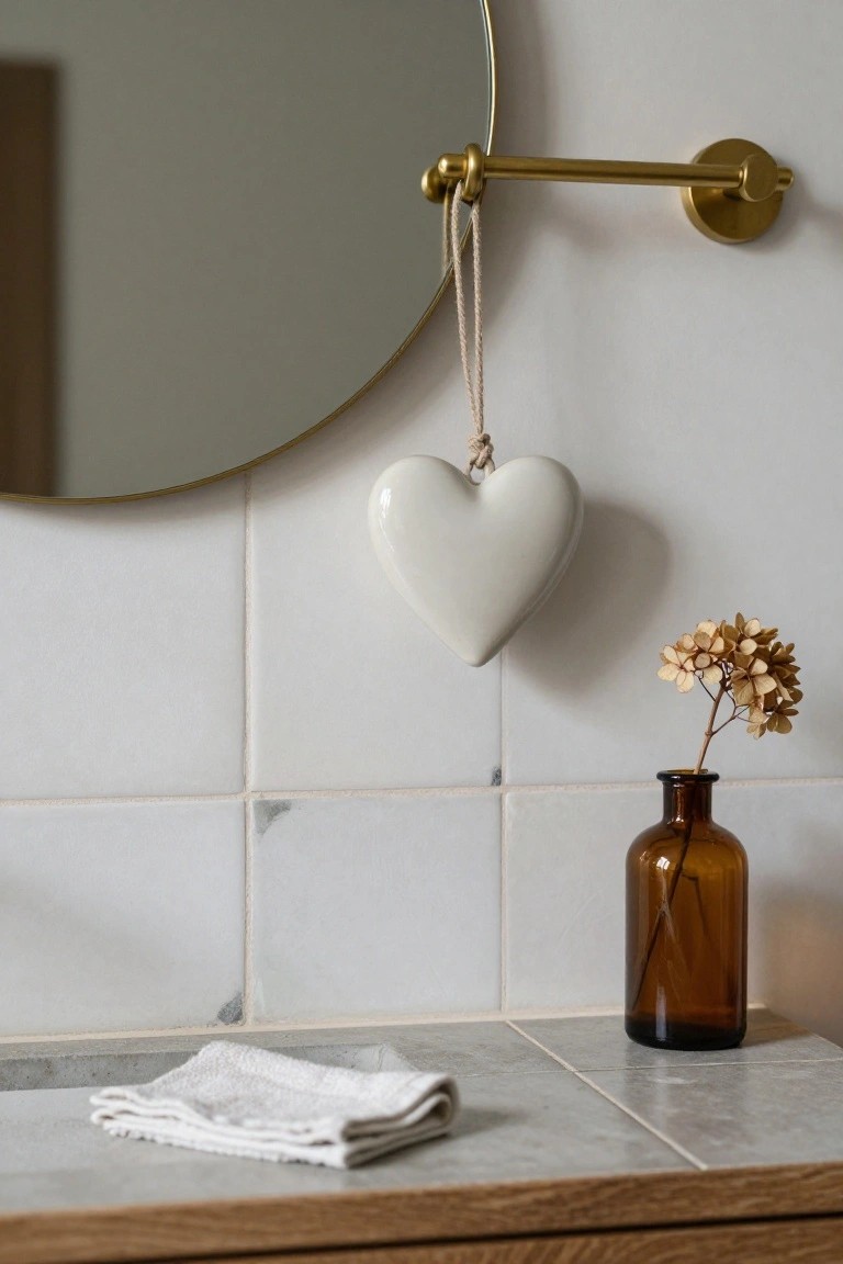 White ceramic heart ornament hanging from rope on a brass mirror arm above a tiled bathroom vanity with a brown glass bottle of dried hydrangea flowers and folded white towels on the gray countertop.