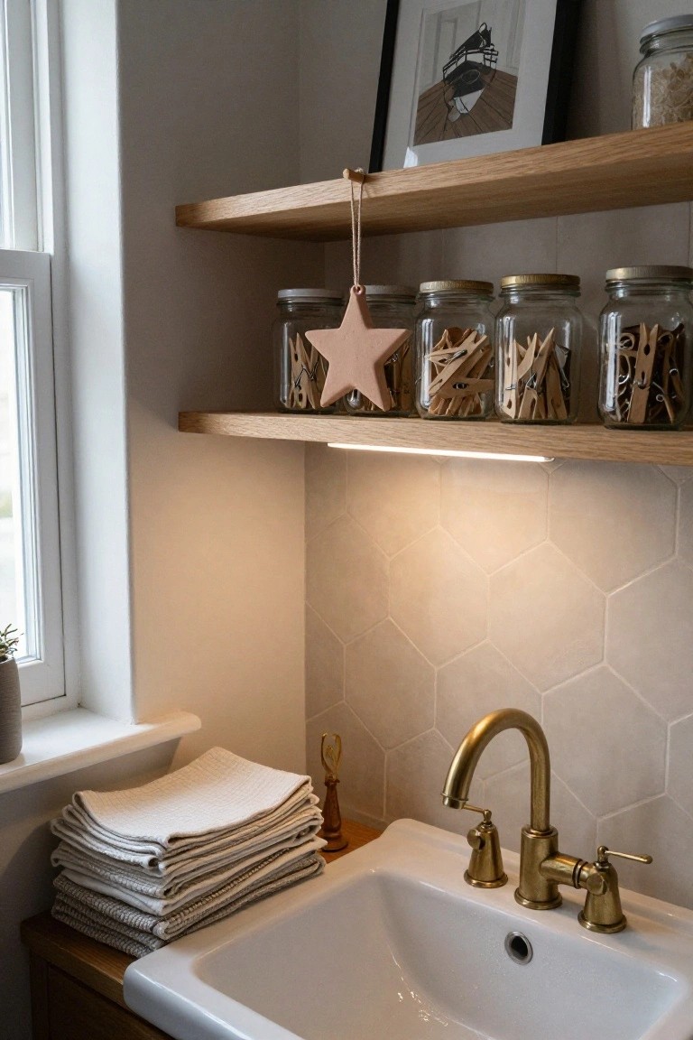 Kitchen sink area featuring oak floating shelves with glass jars of wooden clothespins, a pink felt star ornament hanging from one shelf, hexagonal white tiles on the backsplash, and a gold faucet over a white sink.