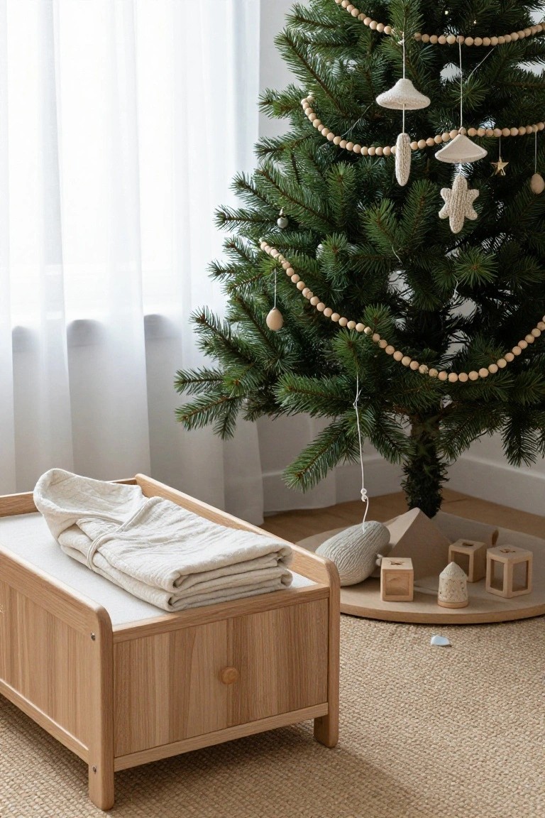 A small Christmas tree in a room corner decorated with multiple strands of white wooden bead garlands and hanging neutral ceramic and knit ornaments including mushrooms, stars, and umbrella shapes, positioned beside a wooden changing table holding folded white linens and surrounded by wooden toys on beige carpet.
