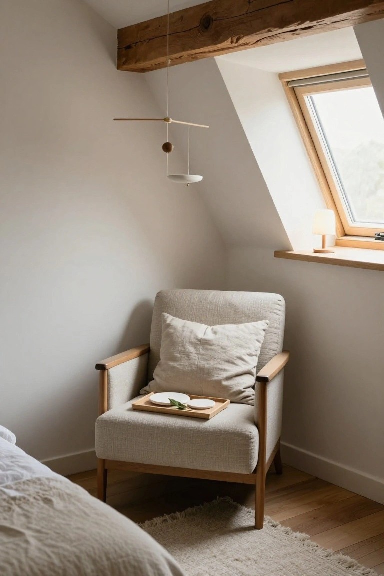 Corner of a light attic bedroom with beige armchair on wooden legs holding a tray with white plates and a green leaf, wooden mobile hanging from exposed beam above, slanted window with lamp, and edge of bed visible.