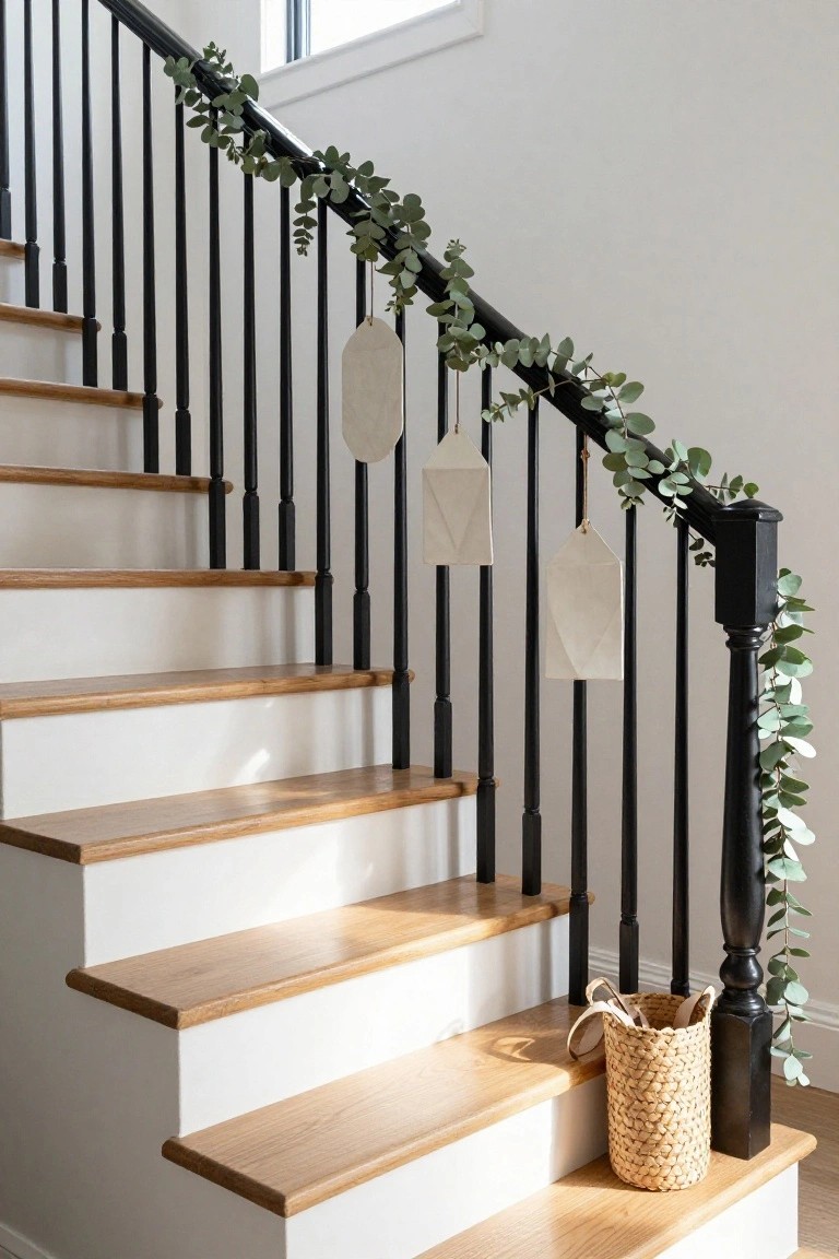 Staircase with black metal railings wrapped in eucalyptus garland from which white geometric paper ornaments hang, light wood treads on white risers, and a beige woven basket at the bottom step.