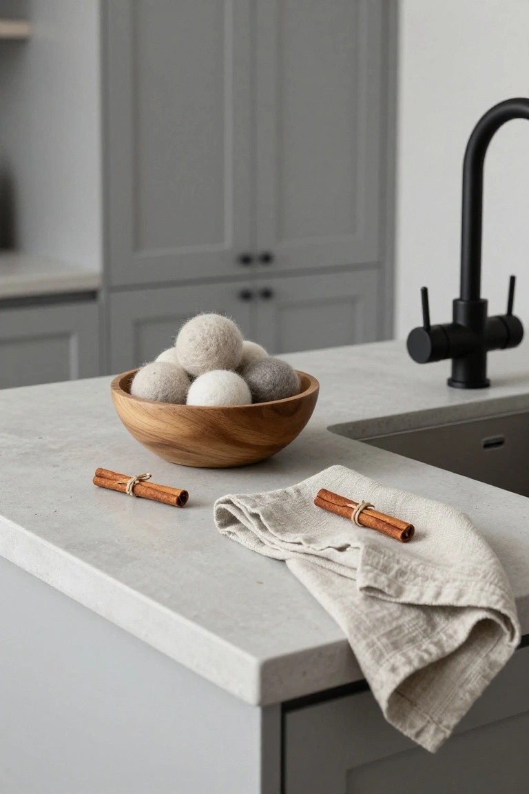Wooden bowl filled with fluffy white wool balls on a light gray countertop, with two tied cinnamon sticks on a beige linen cloth nearby, black faucet and gray cabinets in background.