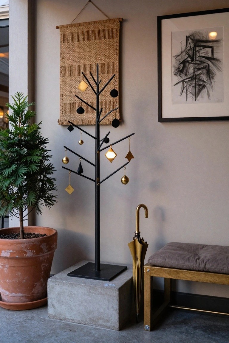 Black metal tree sculpture with geometric gold and black ornaments on branches, positioned beside a potted conifer plant, brass umbrella stand, and wooden bench in a neutral-toned indoor entry space.