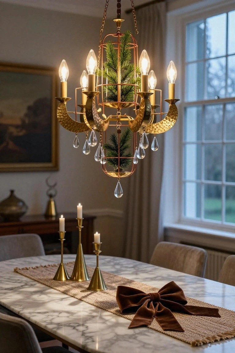 Dining room with brass chandelier enclosing pine branches in a red wire cage, lit bulbs and hanging crystals, marble table with burlap runner, brown velvet bow, gold candlesticks, and chairs.