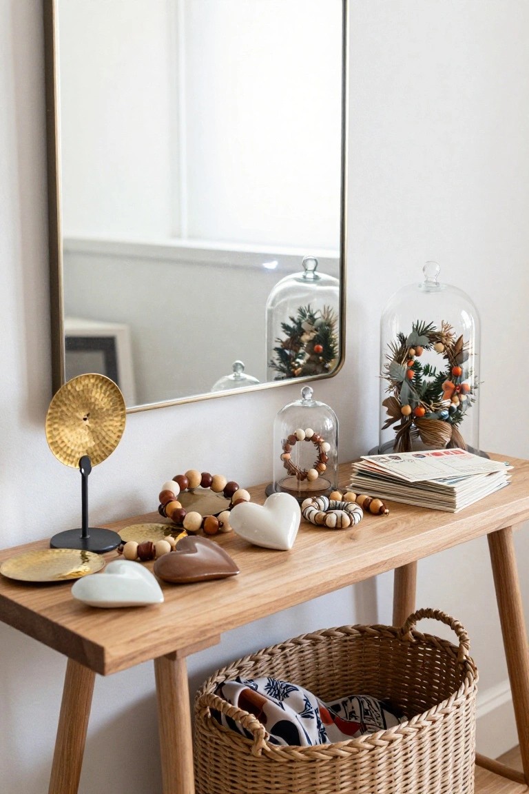 Wooden console table in a light room holding a gold-framed mirror, brass gong on stand, two glass cloches covering a small wreath and beads, wooden beads, white and brown ceramic hearts, gold trays, stack of mail, and a wicker basket with fabric.