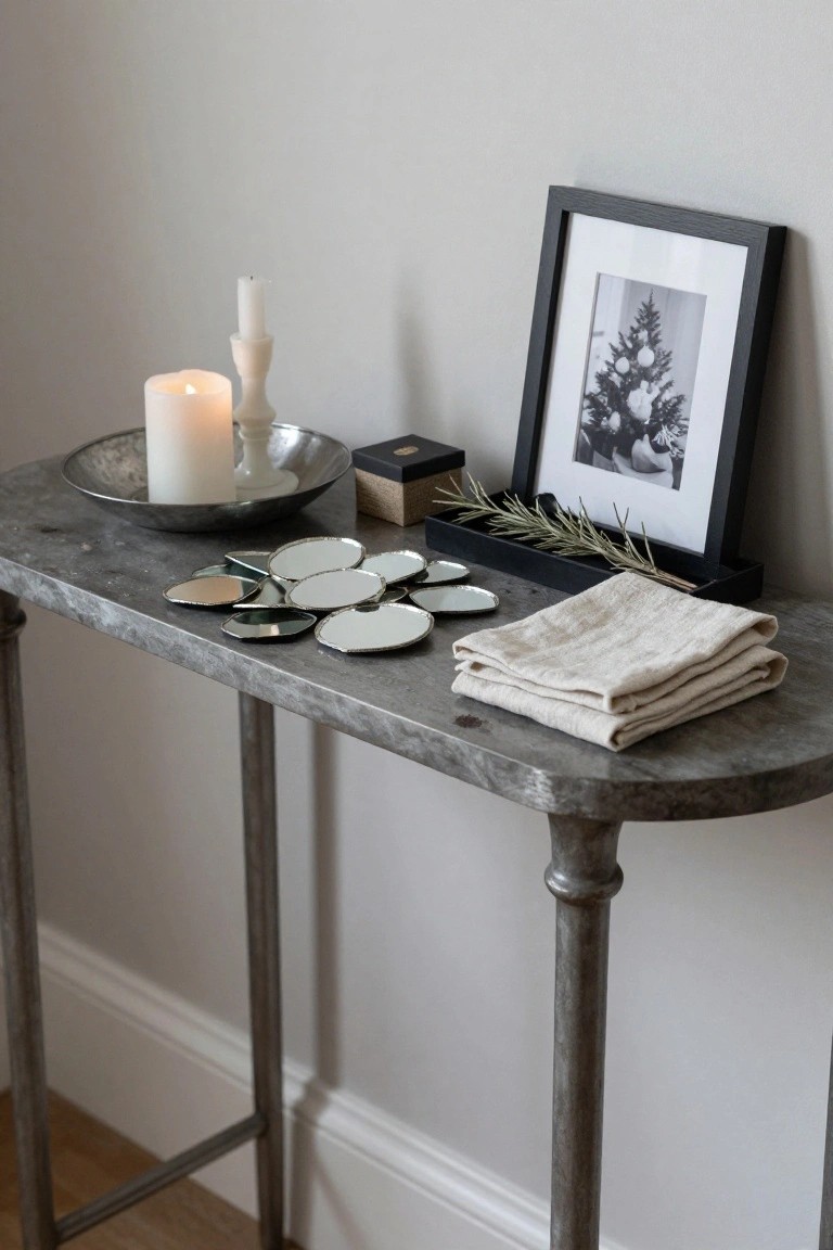 Galvanized metal console table against a light gray wall, holding scattered small oval mirrors, white candles in a silver bowl, black picture frame with black-and-white Christmas tree photo, rosemary branches in a black tray, and folded beige linen napkins.