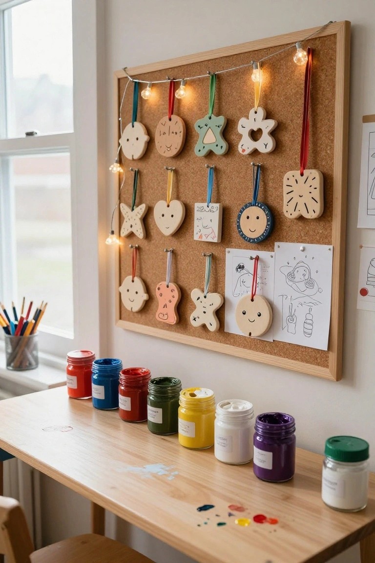 A corkboard on a white wall displaying various unpainted and painted wooden Christmas ornaments hanging from colored ribbons, lit by string lights, next to a wooden table with jars of colorful paints and brushes in a bright room with windows.