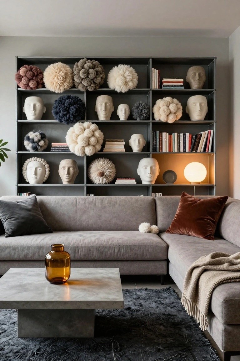 Modern living room featuring black metal shelving with white plaster busts, colorful fluffy wool pom-poms, books, and a plant, alongside a gray L-shaped sofa, amber glass vase on concrete coffee table, and black shag rug.