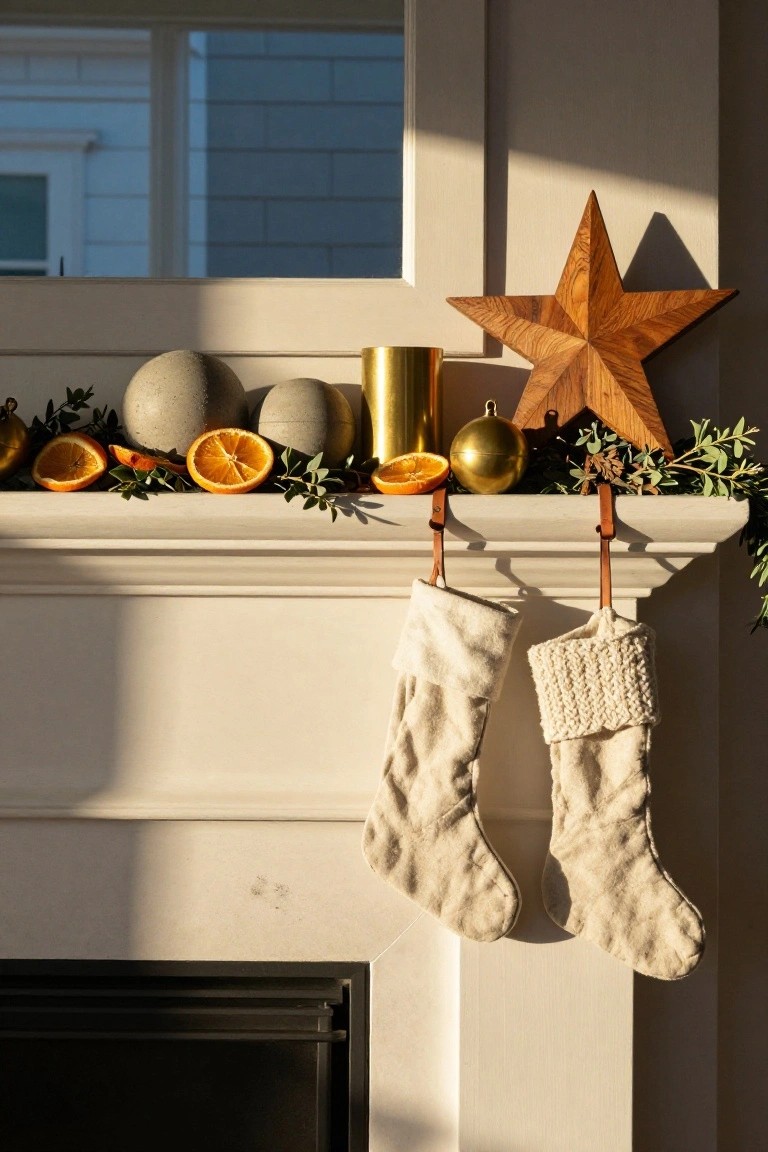 Fireplace mantel decorated with eucalyptus garland, sliced oranges, two gray concrete spheres, brass cup, gold bell, wooden star, and two cream knit stockings hanging from leather hooks.