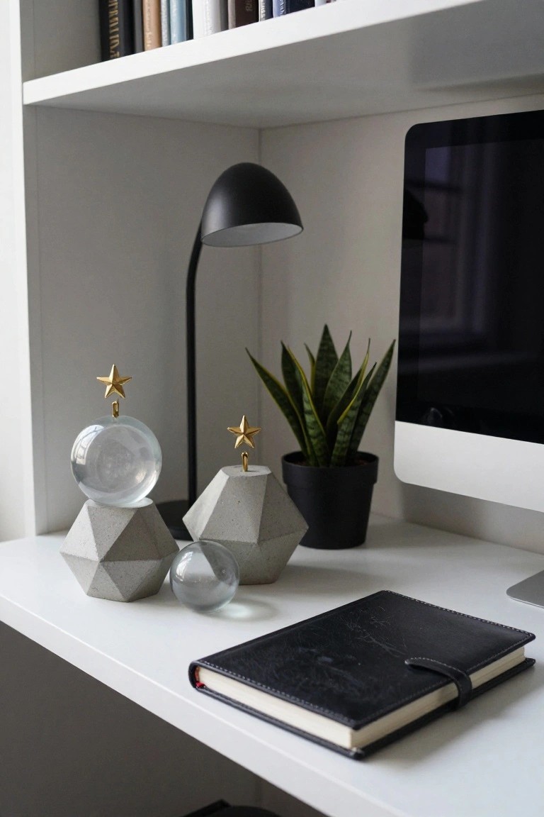 White floating shelf above a desk with three gray geometric concrete ornaments topped with gold stars, two clear glass spheres, snake plant in black pot, black desk lamp, black leather notebook, and Apple iMac monitor.