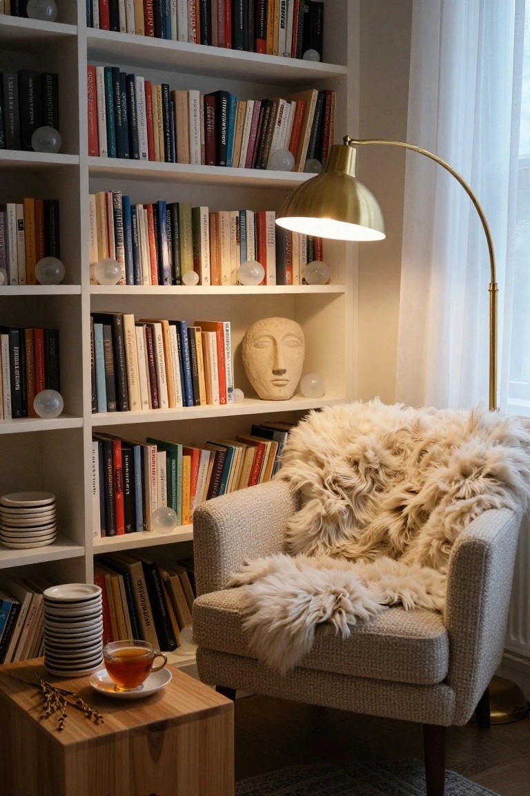 Tall white bookshelves in a cozy interior corner display colorful books, clear glass spheres, a stone Buddha head sculpture, stacked white plates, with a cream armchair draped in white fur throw, brass arc floor lamp overhead, and wooden side table holding a teacup on saucer.