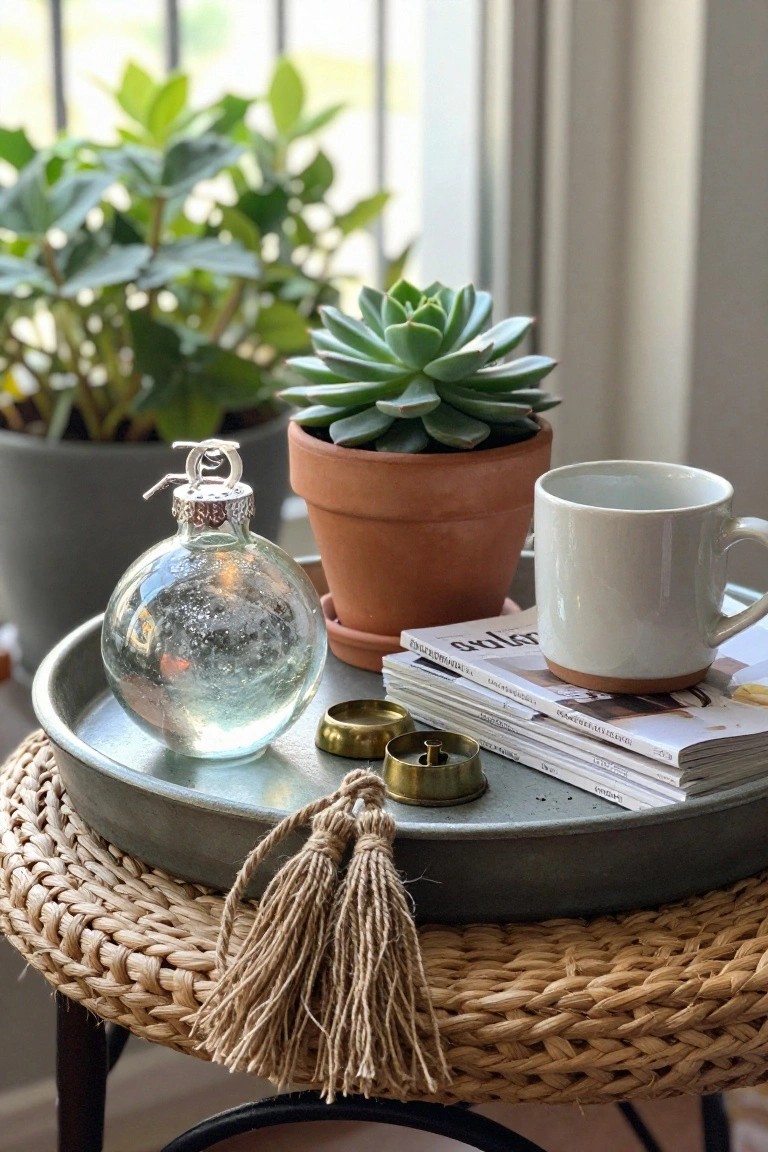 Metal tray on rattan stool displays clear glass Christmas ornament with silver sprayer top filled with liquid, potted succulent, white ceramic mug, gold candle holder, and stacked magazines beside green plants and window.