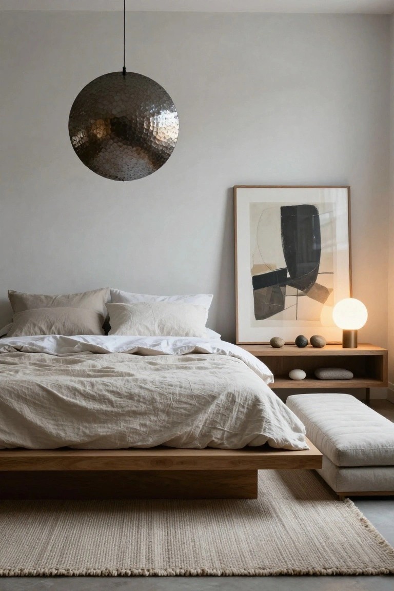 Minimalist bedroom interior with low wooden platform bed draped in beige linen sheets, wooden nightstand holding pebbles and a white globe lamp on gold base, large hammered black metal spherical pendant light overhead, abstract black and white framed artwork on wall, beige seagrass rug on floor.
