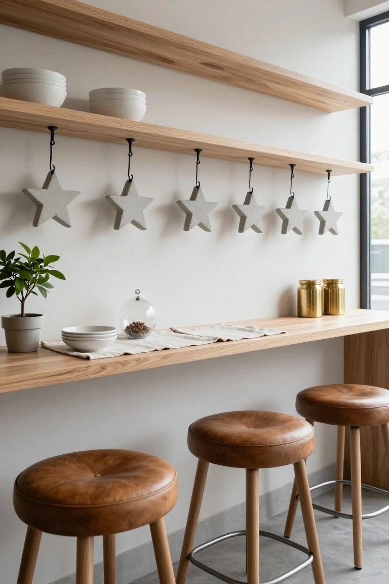 Modern kitchen bar with oak floating shelves holding stacked white bowls and hanging grey concrete star ornaments from chains, wooden counter with linen runner, glass dome of nuts, gold jars, potted plant, and brown leather stools.