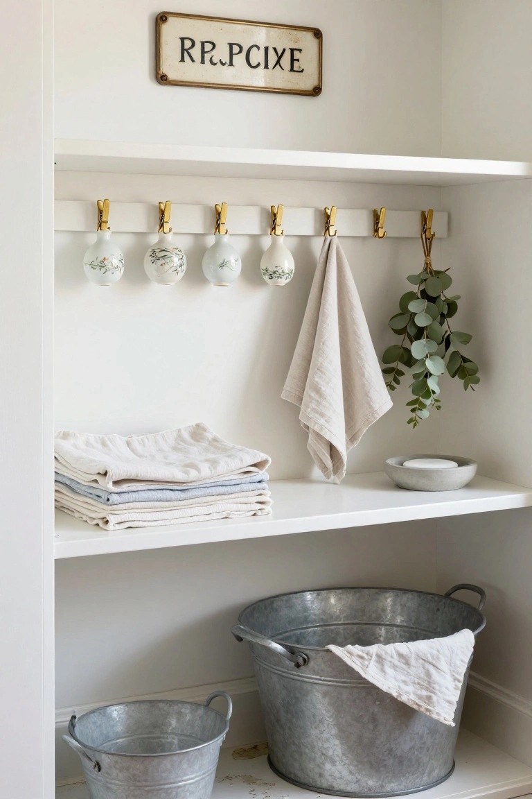 White porcelain bottles with floral designs hanging from gold brass clips on a white wooden shelf in a laundry nook with stacked linen towels, hanging tea towel and eucalyptus, soap dish, and galvanized metal buckets below.