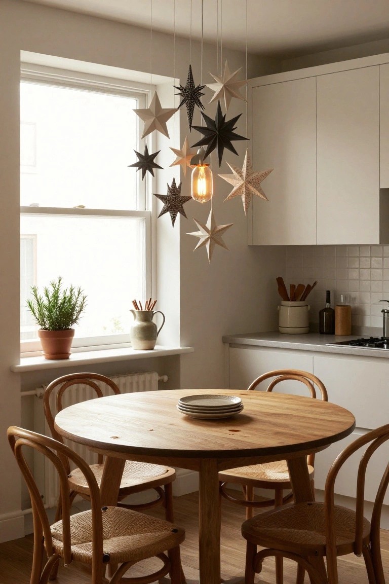 Kitchen with white cabinets, round wooden dining table, four rattan chairs, window ledge with rosemary plant and vase, and multiple hanging paper star ornaments in white and black from a pendant light.