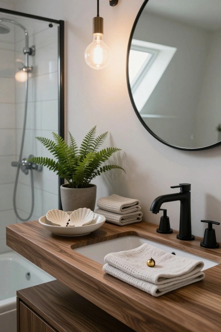 Modern bathroom with floating wooden vanity and sink, black matte faucet, folded cream towels topped with a small gold bell ornament, potted fern plant, round black mirror, and glass shower enclosure.