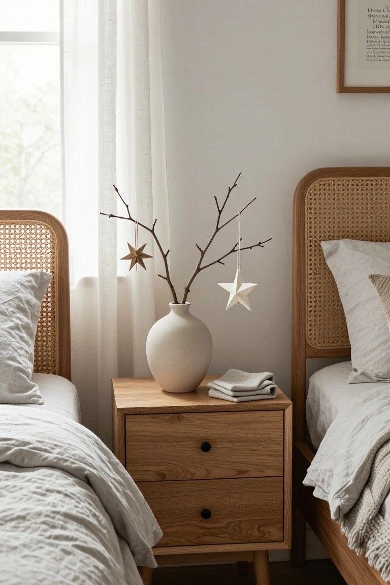 Bedroom corner showing two rattan-framed beds with white linens, wooden nightstand with drawers holding a white ceramic vase of bare branches decorated with hanging white paper star ornaments, sheer curtains on window, and framed artwork on wall.