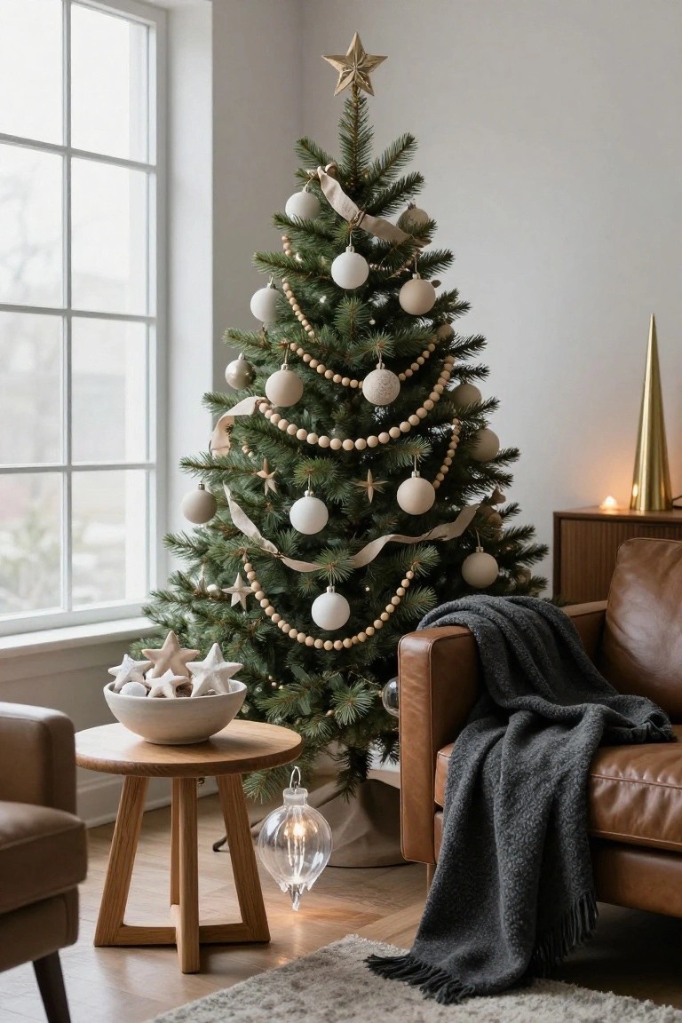 A decorated Christmas tree with ornaments and beads in a cozy living room setting.