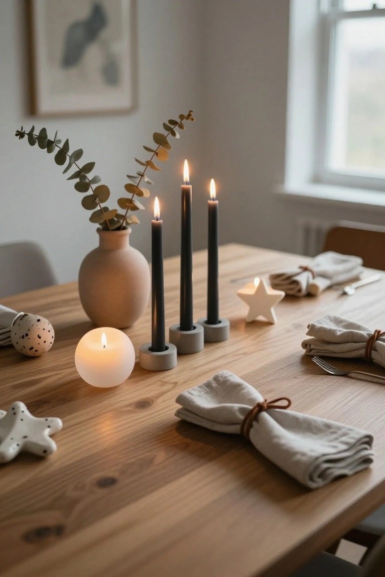 Wooden dining table set for Christmas with three black taper candles in concrete holders, a white tea light candle on a gray base, speckled egg and star-shaped ceramic ornaments, eucalyptus in a terracotta vase, folded linen napkins tied with twine, and utensils.