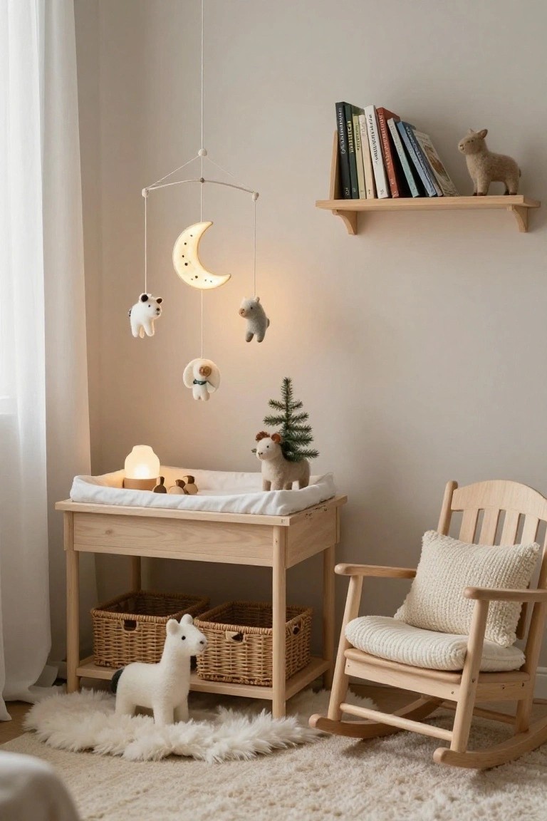 Light beige nursery corner with wooden changing table topped by white pad, glowing vase lamp, wooden toys, small potted Christmas tree and sheep figure; hanging mobile of lit crescent moon, white felt animals including pig and bear, fabric angel and tree; wooden rocking chair with cream cushions, woven baskets, white fluffy rug, wall shelf with books and felt goat figure.