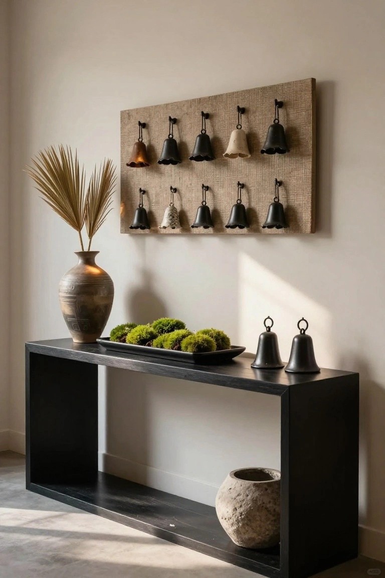 Beige interior wall with rectangular burlap-covered board holding multiple hanging bells in black, white, terracotta, and ceramic finishes, next to black console table with moss tray, small black bells, tall vase of dried palm fronds, and stone pot.