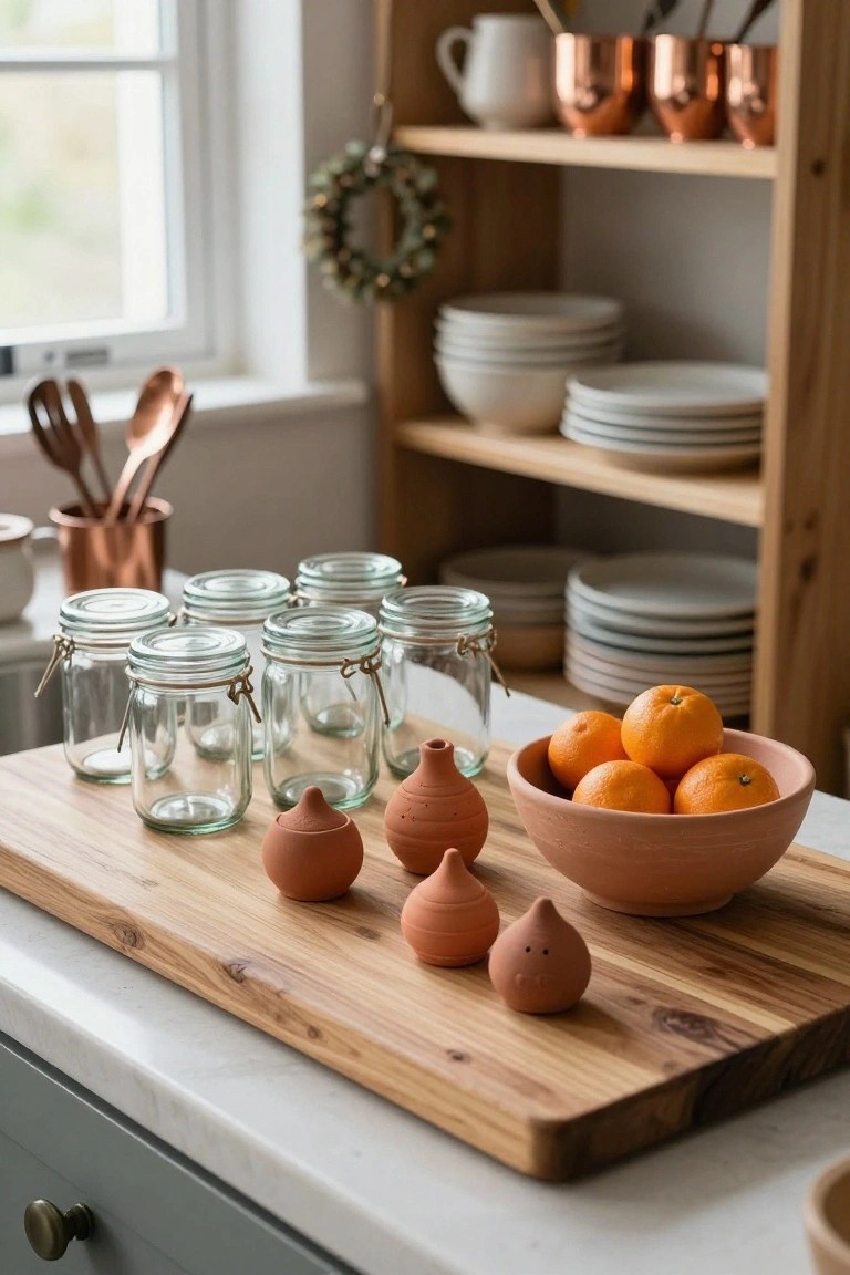 Wooden cutting board on a kitchen counter holding empty glass jars with metal clips, several small terracotta teardrop-shaped pots, and a terracotta bowl of oranges, with open wooden shelves stocked with white dishes and copper items nearby.