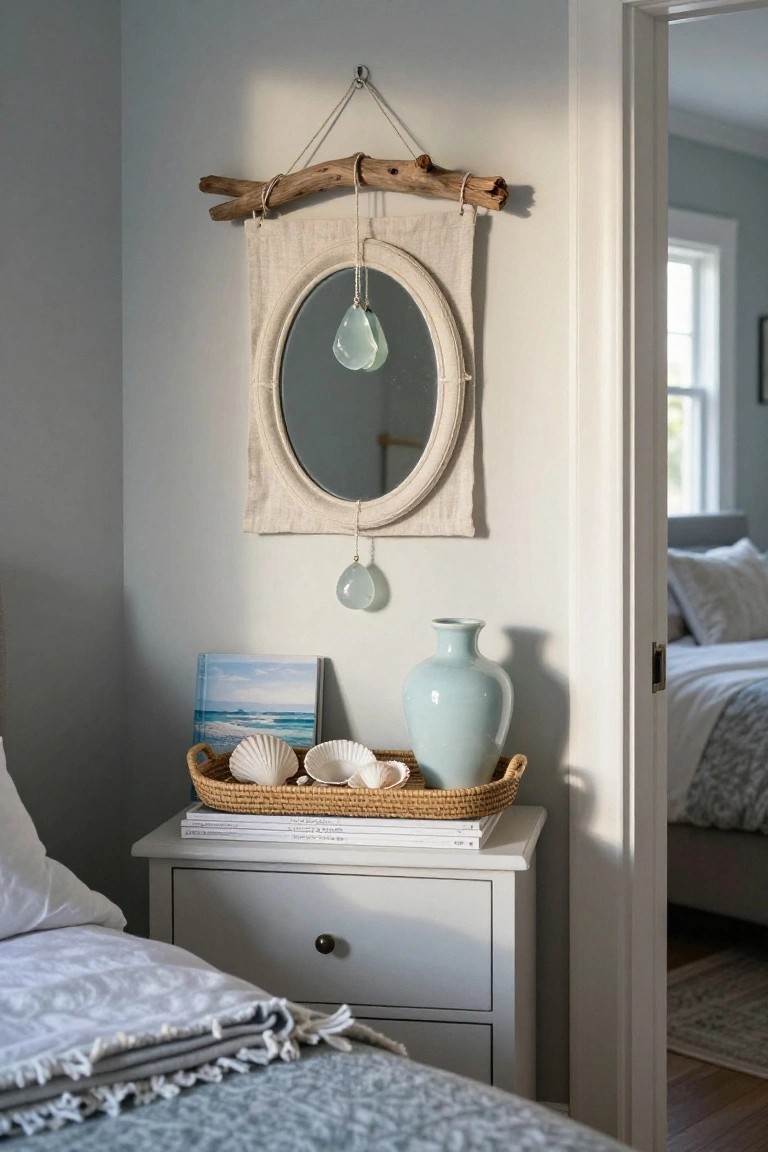 A serene bedroom corner featuring a mirror, blue vase, seashells, and soft bedding.