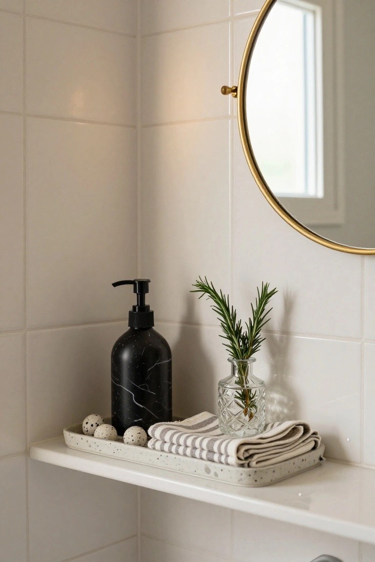 White ceramic shelf in a tiled bathroom holding speckled eggs, black marble soap dispenser, rosemary in glass vase, and folded striped linen towels beside a gold round mirror.