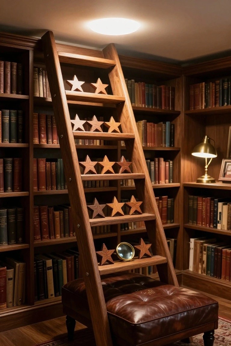 Wooden library ladder with multiple carved wooden star ornaments on its rungs against floor-to-ceiling bookshelves in a paneled room, leather ottoman at the base.