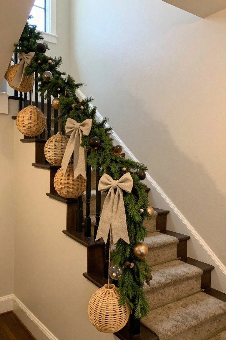Wooden staircase with black iron railings and beige carpet, decorated with green garland, beige linen ribbon bows, hanging round woven basket orbs, and gold and bronze Christmas balls.