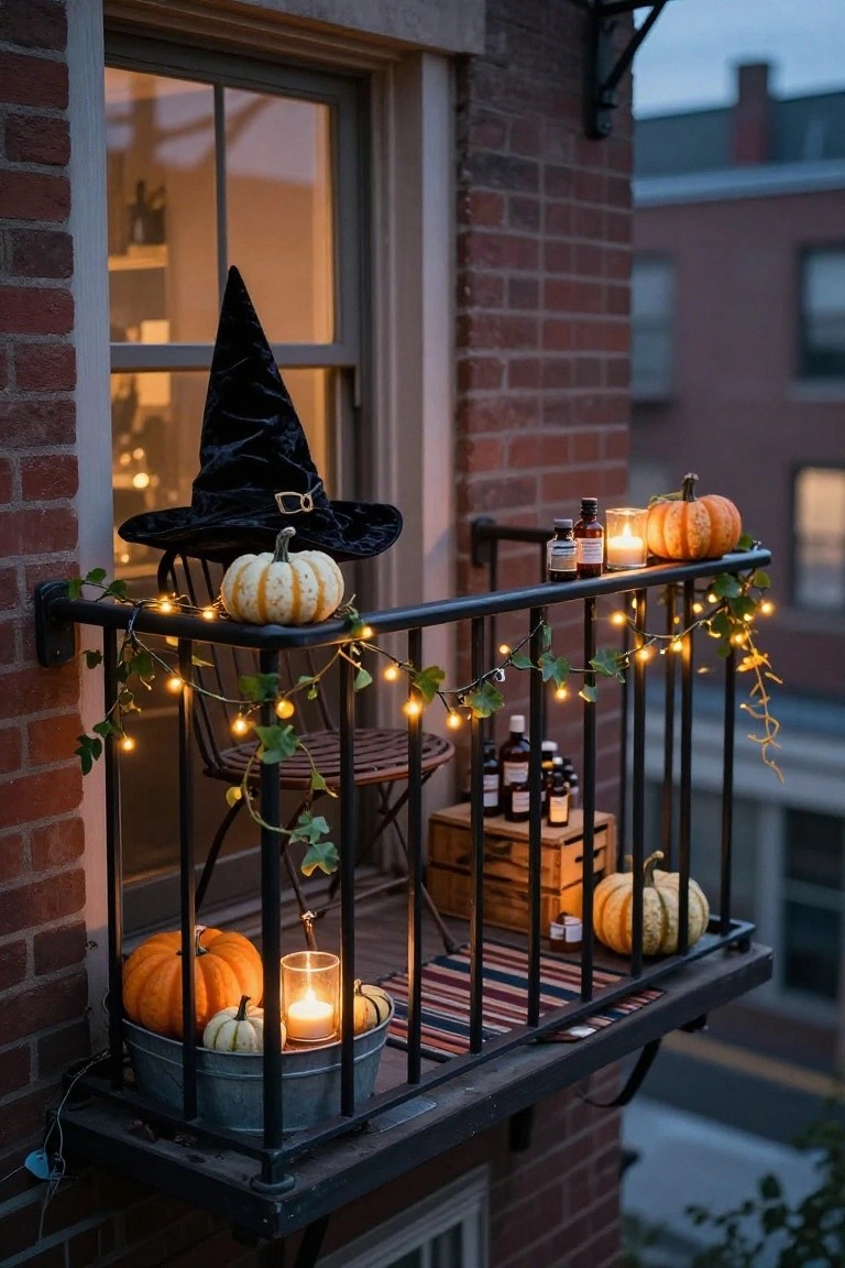 Balcony with black door and iron railing draped in cobwebs, wooden crate holding two pumpkins and a lit candle, surrounded by potted dried lavender, wheat grasses in a blue pitcher, and a hanging paper moon lantern.