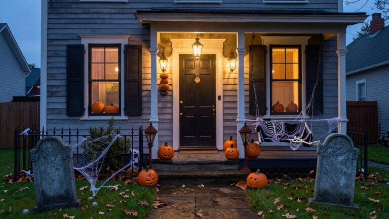 Front porch of a brick house decorated for Halloween with two life-size skeletons seated on the steps, white sheer drapes hanging from the porch ceiling, pumpkins, hay bales, and small tombstones in the yard.
