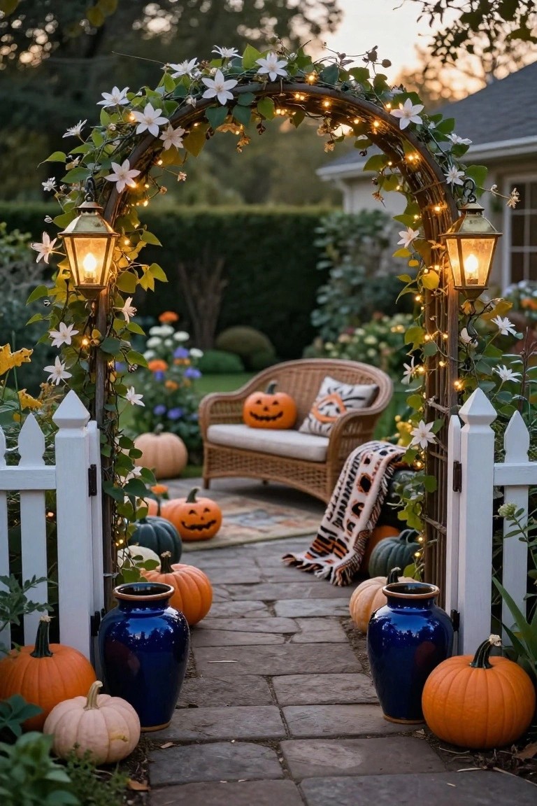 Black wrought-iron gazebo in a formal garden surrounding a marble-top table with a crystal ball, gold candelabra, and candles, flanked by stone gargoyle statues on a circular stone patio edged by boxwood hedges.