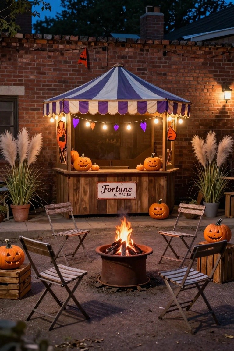 Rustic black wooden picnic table with small pumpkins and an open book on top, centered in a grassy yard with gray gravestones, lanterns, string lights, hedges, and birch trees at dusk.